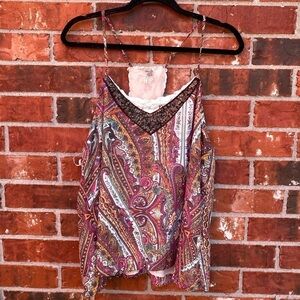 BKE Womens Large Boho Beaded Paisley Racerback Knit Flowy Tank